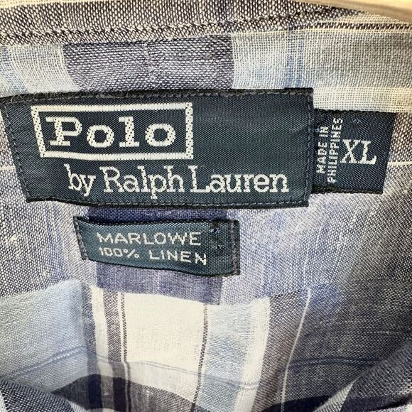 Polo Ralph Lauren Mens Sz‎ XL Blue Plaid Long Sleeve 100% Linen Marlowe - Picture 4 of 5